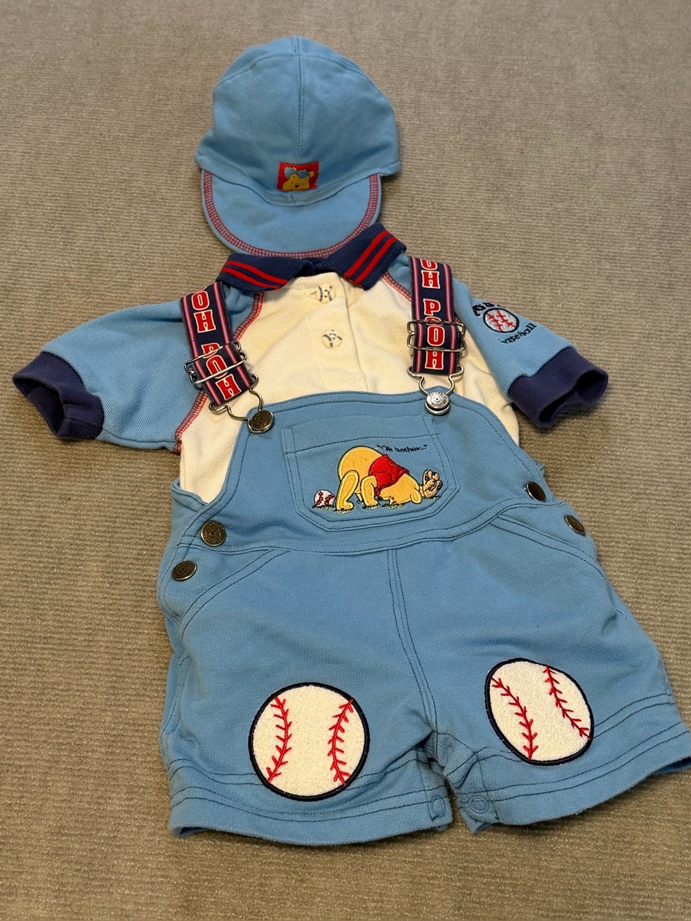 Vintage Disney Winnie the Pooh Baseball Outfit Set 6/9M 90s Baby Shortalls Hat